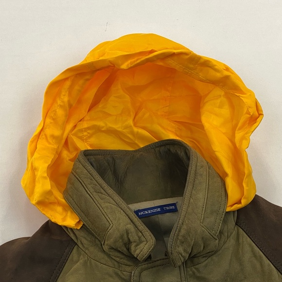 McKenzie Tribe Leather Bomber Jacket Brown Tan Men’s L Hidden Hood Zip Up - Picture 4 of 16